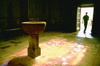 Narbonne, Aude, Languedoc-Roussillon, France: baptismal font at Narbonne Cathedral, in front of statue of the Virgin and Baby Jesus - Fonts baptismaux - photo by K.Gapys