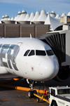 Denver, Colorado, USA: Denver International Airport - nose view of Frontier Airlines Airbus A319-112 N943FR, Deer Fawn 'Cloe' - CN 2518 - tug and towbar - Concourse A, Gate A44 - photo by M.Torres